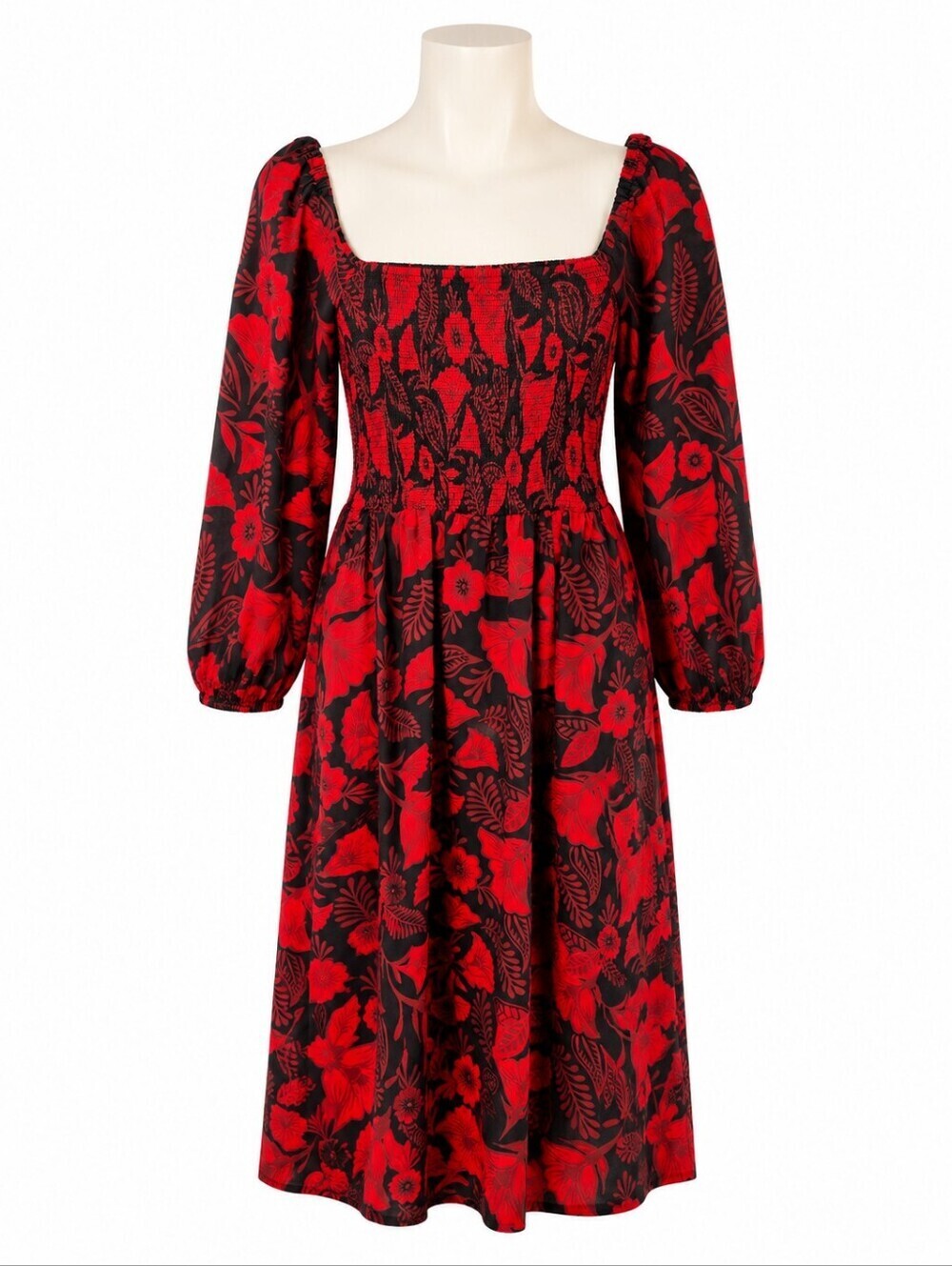 Latino Heritage Month Women's Red Floral Smocked Midi Dress M Milkmaid Romantic